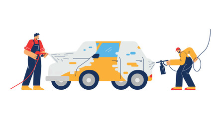 Wall Mural - Car wash employees washing car body, flat vector illustration isolated.