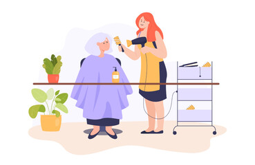 Poster - Hairdresser styling hair of old woman. Professional stylist drying and brushing hair of elderly person flat vector illustration. Beauty salon, hairdressing concept for banner or landing web page