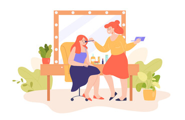 Poster - Cartoon beautician putting makeup on girl in parlor. Professional makeup artist working with client or celebrity in armchair flat vector illustration. Beauty salon, cosmetology concept for banner