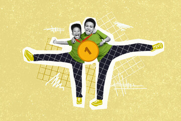 Wall Mural - Creative collage portrait of two excited boys black white colors embrace hold first place golden medal isolated on drawing background