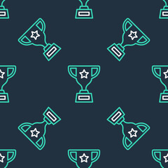 Line Award cup icon isolated seamless pattern on black background. Winner trophy symbol. Championship or competition trophy. Sports achievement sign. Vector