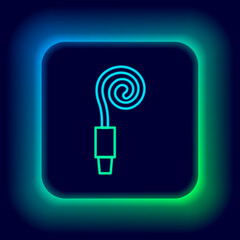 Poster - Glowing neon line Birthday party horn icon isolated on black background. Colorful outline concept. Vector