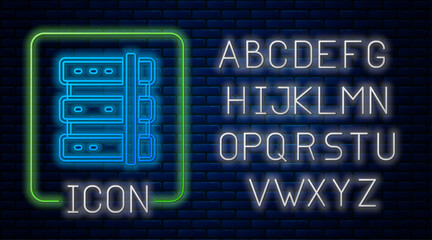 Poster - Glowing neon Server, Data, Web Hosting icon isolated on brick wall background. Neon light alphabet. Vector