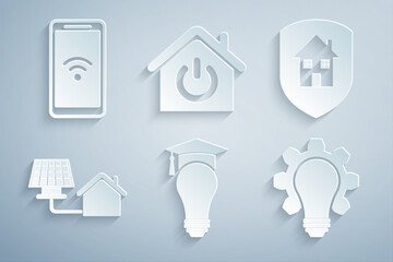 Sticker - Set Light bulb and graduation cap, House under protection, with solar panel, gear, Smart home and Mobile wi-fi wireless icon. Vector