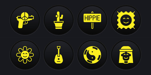 Sticker - Set Flower, LSD acid mark, Guitar, Yin Yang symbol, Peace, Cactus, Hippie girl and No war icon. Vector