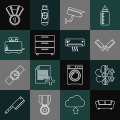 Poster - Set line Sofa, Air conditioner, Crossed meat chopper, Security camera, Furniture nightstand, Toaster with toasts, Medal and icon. Vector