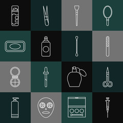 Sticker - Set line Syringe, Scissors, Nail file, Makeup brush, Spray can, Bar of soap, Shaving gel foam and Cotton swab for ears icon. Vector