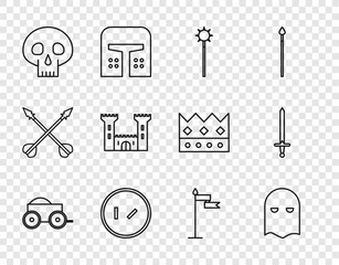 Wall Mural - Set line Wooden four-wheel cart, Executioner mask, Medieval chained mace ball, Round wooden shield, Skull, Castle, flag and sword icon. Vector