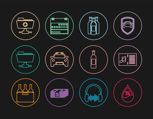 Poster - set line water drop percentage, music book with note, bottles of wine, police car and flasher, ftp f