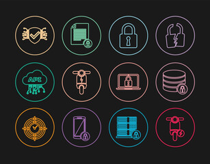 Sticker - Set line Electric scooter, Server security with lock, Lock, Cloud api interface, Cyber, Laptop and and Document icon. Vector