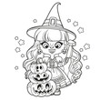 Cute cartoon long haired girl in Halloween witch dress with pumpkin lantern and knife outlined for coloring page on white background.