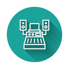 Sticker - White line Music sound recording studio control room with professional equipment icon isolated with long shadow. Green circle button. Vector