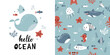 Childish seamless pattern with underwater life.  Perfect for kids bedding, fabric, wallpaper, wrapping paper, textile, t-shirt print.