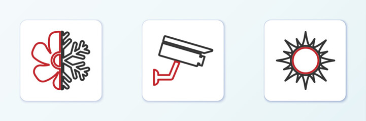 Sticker - Set line Sun, Air conditioner and Security camera icon. Vector