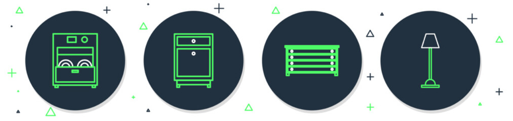 Poster - Set line Furniture nightstand, Chest of drawers, Kitchen dishwasher machine and Floor lamp icon. Vector