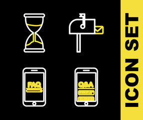 Poster - set line open mail box, mobile question and exclamation, with faq information and hourglass icon. ve