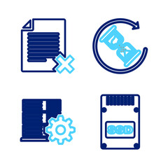 Poster - Set line SSD card, Server setting, Waiting and Delete file document icon. Vector