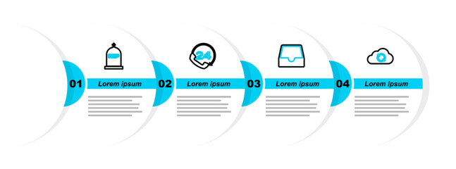 Poster - Set line Cloud sync refresh, Social media inbox, Telephone 24 hours support and Tombstone with RIP written icon. Vector