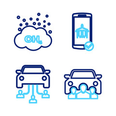 Wall Mural - Set line Car sharing, Flight mode the mobile and Methane emissions reduction icon. Vector