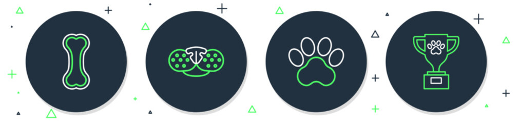 Sticker - Set line Cat nose, Paw print, Dog bone and Pet award icon. Vector