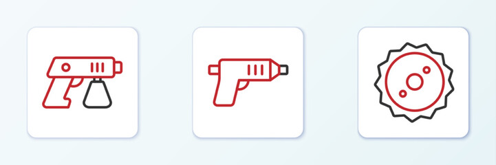 Poster - Set line Circular saw blade, Paint spray gun and Electric cordless screwdriver icon. Vector