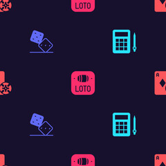 Poster - Set Bingo card, Game dice, Lottery ticket and Casino chip and playing cards on seamless pattern. Vector