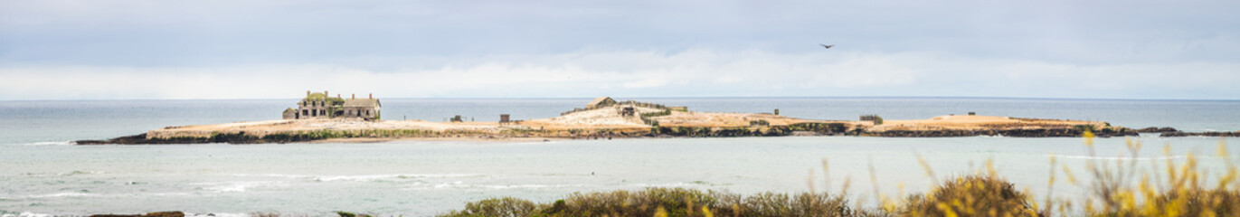 Super ultra wide panorama of an abandoned research station at Point Reyes, Marin Coast Headlands, Northern California.