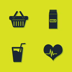 Wall Mural - Set Shopping basket, Heart rate, Glass with water and Paper package for milk icon. Vector