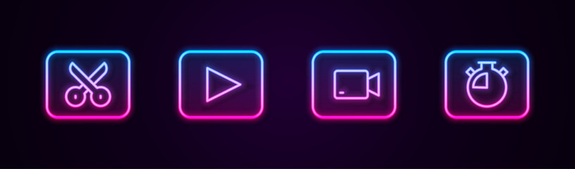 Sticker - Set line Music or video editing, Play button, and Stopwatch. Glowing neon icon. Vector