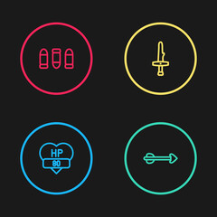 Sticker - Set line Video game bar, Arrow, Dagger and Bullet icon. Vector