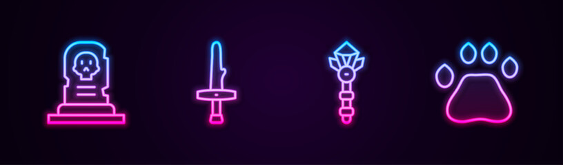 Poster - Set line Grave with tombstone, Dagger, Magic wand and Bear paw footprint. Glowing neon icon. Vector