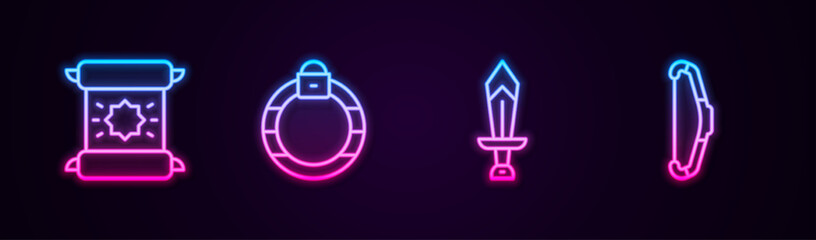 Sticker - Set line Decree, parchment, scroll, Magic stone ring, Sword for game and Medieval bow. Glowing neon icon. Vector