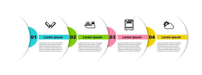 Sticker - Set line Crossed meat chopper, Cargo ship, Oven and Sun and cloud weather. Business infographic template. Vector