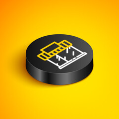 Sticker - Isometric line Shopping building or market store icon isolated on yellow background. Shop construction. Black circle button. Vector