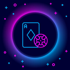 Sticker - Glowing neon line Casino chip and playing cards icon isolated on black background. Casino poker. Colorful outline concept. Vector