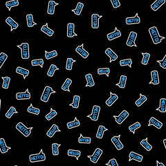 Sticker - Line Hello in different languages icon isolated seamless pattern on black background. Speech bubbles. Vector