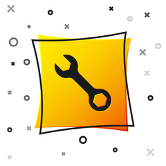 Black Wrench spanner icon isolated on white background. Yellow square button. Vector