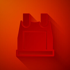 Poster - Paper cut Bulletproof vest for protection from bullets icon isolated on red background. Body armor sign. Military clothing. Paper art style. Vector