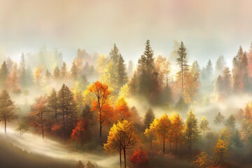 Sticker - Panorama of the autumn misty forest. Autumn forest mist panoramic landscape. Forest mist in autumn panorama. Autumn morning fog in forest2d style, anime style V1 High quality 2d illustration