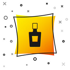 Sticker - Black Tequila bottle icon isolated on white background. Mexican alcohol drink. Yellow square button. Vector