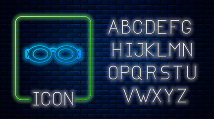 Poster - Glowing neon Glasses for swimming icon isolated on brick wall background. Swimming goggles. Diving underwater equipment. Neon light alphabet. Vector