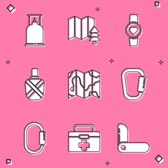 Sticker - Set Camping gas stove, Location of the forest, Smart watch showing heart beat rate, Canteen water bottle, map, Carabiner, and First aid kit icon. Vector