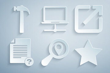 Poster - set search location, open in new window, unknown document, star, computer network and hammer icon. v
