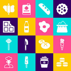 Wall Mural - Set Macaron cookie, Ice cream in waffle cone, Bag of flour, French baguette bread, Bottle with milk, Chocolate bar, Rolling pin dough and Scrambled eggs icon. Vector