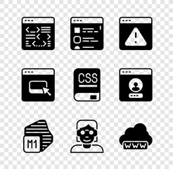 Set Software, Browser files, with exclamation mark, Processor, Hacker coder, Web development, and Books about programming icon. Vector