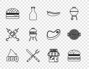 Sticker - Set line Barbecue fire flame, Burger, Hot chili pepper pod, Crossed fork and knife, grill, shopping building and with sausage icon. Vector