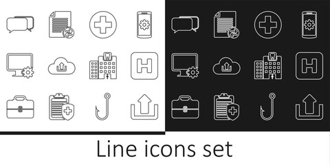 Sticker - Set line Upload, Hospital, Medical cross in circle, Cloud upload, Computer monitor and gear, Chat, Dental clinic and Transfer files icon. Vector