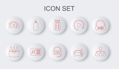 Sticker - Set line Hierarchy organogram chart, Bottles of wine in box, Electric car, Burning candle, Music book with note and Headphone for support icon. Vector