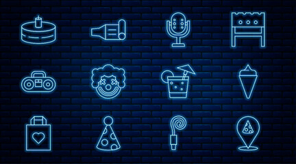 Wall Mural - Set line Slice of pizza, Ice cream in waffle cone, Microphone, Clown head, Home stereo with two speakers, Cake burning candles, Cocktail and Birthday party horn icon. Vector