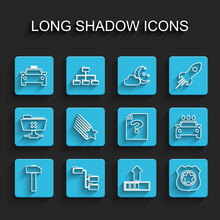 Set Line Hammer, Folder Tree, Taxi Car, Loading, Police Badge, Falling Star, Car Wash And Unknown Document Icon. Vector